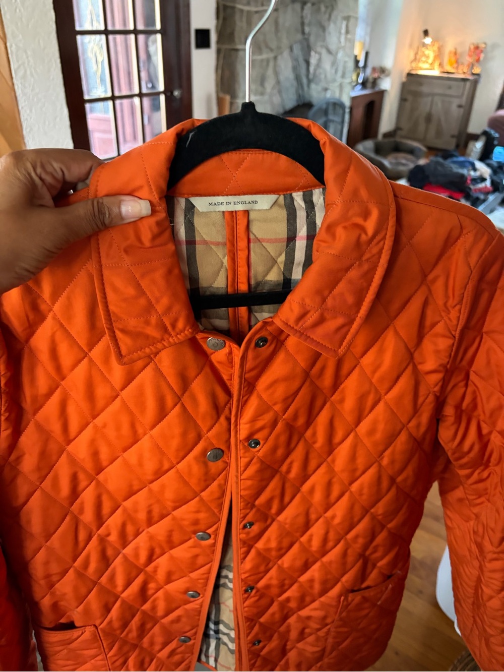 Burberry Orange Quilted Lightweight Jacket with Signature Check Lining